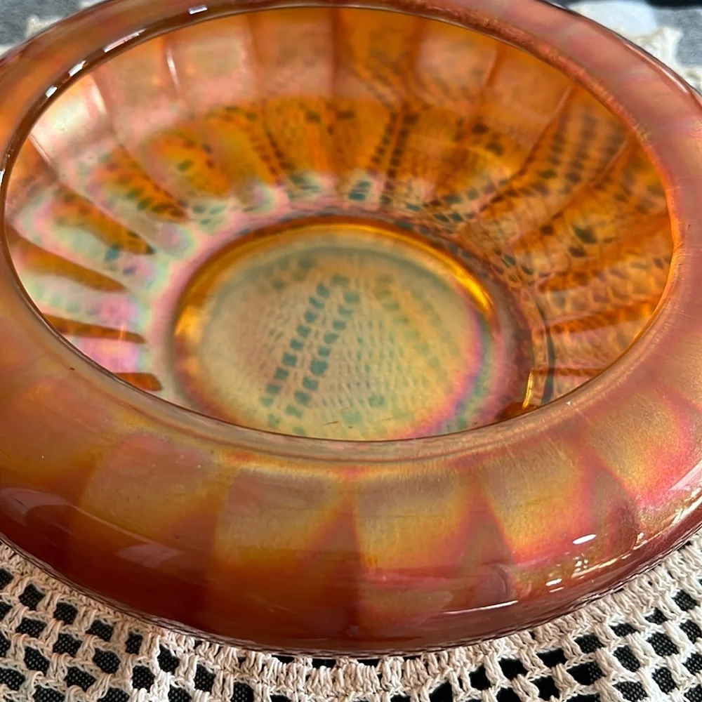 Vintage Fenton Marigold Carnival Glass Bowl Vertical Ribbed Iridescent 7.5”